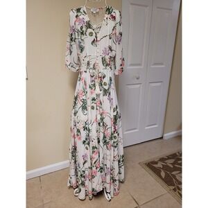 Showpo Floral Maxi Dress White Smocked Waist Crochet Button Boho Front Size 8